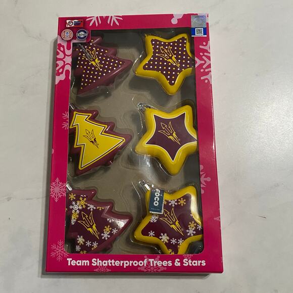ASU Arizona State shatterproof Christmas holiday ornament set of 6 trees stars - Picture 1 of 5